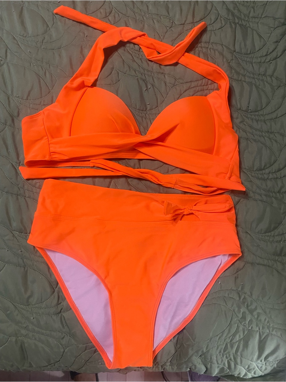SHEIN Neon Orange High-Waist Wrap Bikini Set
